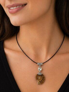 Ammonite Fossil Shell Pendant Necklace Leather Strap